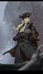 Rule 34 | 1girl, ascot, baka (mh6516620), blonde hair, bloodborne, blue eyes, blurry, coat, cowboy shot, depth of field, flower, from software, gloves, hat, hat feather, highres, jewelry, lady maria of the astral clocktower, letterboxed, looking at viewer, pants, pendant, ponytail, snow, snowing, solo, tears, the old hunters, tricorne