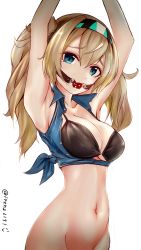 Rule 34 | 1girl, arms up, ball gag, black bra, blonde hair, blue eyes, bra, breasts, cleavage, franz (217franz), gag, gambier bay (kancolle), headband, highres, kantai collection, large breasts, long hair, looking at viewer, no pants, open clothes, open shirt, shirt, solo, tears, tied shirt, twintails, twitter username, underwear, wiffle gag