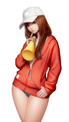 Rule 34 | 1girl, baseball cap, bikini, brown hair, closed mouth, commentary, cowboy shot, finger to mouth, green bikini, grey eyes, hat, head tilt, highres, holding, hood, hood down, hooded jacket, jacket, jungon kim, legs together, long hair, long sleeves, looking at viewer, megaphone, original, photo-referenced, red jacket, simple background, solo, standing, swimsuit, third-party edit, thumb in pocket, unzipped, white background, white hat, zipper