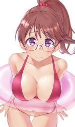 Rule 34 | 1girl, aimobake, bad id, bad twitter id, bikini, breasts, brown hair, cleavage, closed mouth, commentary, cowboy shot, hair ornament, hair scrunchie, halterneck, highres, idolmaster, idolmaster cinderella girls, innertube, large breasts, leaning forward, looking at viewer, medium hair, ponytail, purple eyes, red bikini, red scrunchie, scrunchie, shiina noriko, simple background, smile, solo, standing, sweatdrop, swim ring, swimsuit, thigh gap, white background