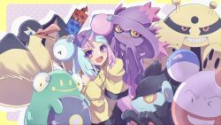 Rule 34 | 1girl, :d, absurdres, bellibolt, bow-shaped hair, character hair ornament, commentary request, creatures (company), electivire, electrodes, game freak, gen 1 pokemon, gen 4 pokemon, green hair, hair ornament, happy, highres, iono (pokemon), izmiann, jacket, kilowattrel, long hair, looking at viewer, luxray, mismagius, multicolored hair, nintendo, open mouth, pink hair, pokemon, pokemon (creature), pokemon sv, purple eyes, rotom, rotom phone, smile, two-tone hair, voltorb, yellow jacket