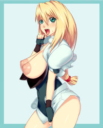 Rule 34 | 1990s (style), 1girl, :d, bad id, blonde hair, breasts, breasts out, clothes pull, excel, excel saga, fang, green eyes, huge breasts, inverted nipples, large areolae, long hair, nipples, open mouth, retro artstyle, sawao, shorts, shorts pull, smile, solo, tagme
