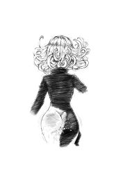 Rule 34 | 1girl, aftersex, ahoge, ass, bad id, bad pixiv id, bare legs, cum, cumdrip, curly hair, dress, greyscale, impossible clothes, impossible dress, monochrome, no panties, one-punch man, short hair, side slit, skin tight, solo, spanked, tatsumaki, the golden smurf, torn clothes, torn dress