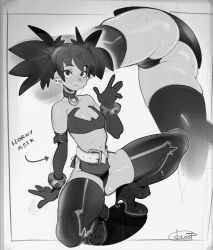Rule 34 | 1girl, arm support, ass, bare shoulders, bloop (archives), blush, boots, breasts, closed mouth, collarbone, disgaea, elbow gloves, etna (disgaea), gen 3 pokemon, gloves, greyscale, high heel boots, high heels, highres, looking at viewer, monochrome, revealing clothes, sealeo, short hair, short twintails, small breasts, smile, solo, squatting, thigh boots, twintails
