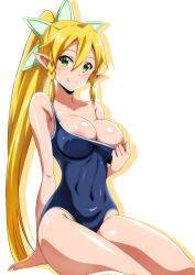 Rule 34 | 1girl, arm support, bare shoulders, blonde hair, blue one-piece swimsuit, blush, braid, breasts, cleavage, clothes pull, collarbone, covered navel, elf, green eyes, groin, hair between eyes, highres, island (kossori), large breasts, leafa, long hair, looking at viewer, nipple slip, nipples, one-piece swimsuit, one-piece swimsuit pull, pointy ears, pulled by self, shiny clothes, shiny skin, side braid, sitting, solo, swimsuit, sword art online, twin braids, very long hair, wariza
