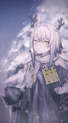 Rule 34 | 1girl, absurdres, antlers, arknights, black jacket, cloak, closed mouth, commentary request, firewatch (arknights), green eyes, hair between eyes, hair intakes, highres, horns, jacket, long sleeves, looking at viewer, night, night sky, outdoors, puffy long sleeves, puffy sleeves, signature, sky, snow, solo, star (sky), starry sky, white cloak, white hair, yunnasu