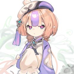 Rule 34 | 1girl, blue eyes, blush, hat, highres, long hair, multicolored clothes, multicolored eyes, multicolored hair, multicolored hat, orange hair, original, parted lips, pink pupils, pointy ears, purple eyes, purple hair, purple hat, signature, sleeves past fingers, sleeves past wrists, solo, streaked hair, syu45, tassel, twintails, white hat
