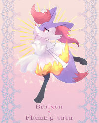 Rule 34 | 1girl, absurdres, alternate color, animal ear fluff, animal ears, animal feet, animal hands, animal nose, arm up, artist name, black fur, body fur, braixen, character name, clothed pokemon, creatures (company), dress, english text, female focus, fire, flat chest, fox ears, fox girl, fox tail, from side, furry, furry female, game freak, gen 6 pokemon, gradient background, half-closed eyes, highres, kiri leonotis, leg up, neck fur, nintendo, open mouth, outline, pokemon, pokemon (creature), purple fur, red eyes, shiny pokemon, short dress, signature, snout, solo, standing, standing on one leg, strapless, strapless dress, tail, tutu, white dress, white fur, white outline