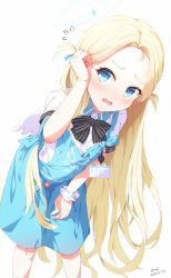 1girl absurdres angel&#039;s_24_uniform_(blue_archive) anno_(yukikaze_08) apron artist_name averting_eyes badge black_bow black_bowtie blonde_hair blue_apron blue_archive blue_bow blue_eyes blue_halo blush bow bow_apron bowtie button_badge collared_shirt dated feet_out_of_frame forehead halo hand_in_own_hair hand_on_own_ear hand_on_own_thigh highres kneehighs leaning_forward legs_apart long_hair open_mouth scrunchie shirt short_sleeves simple_background socks solo sora_(blue_archive) standing strap_slip sweatdrop tucking_hair very_long_hair white_background white_shirt white_socks white_wings wings wrist_scrunchie