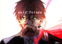 Rule 34 | 1boy, artist name, baru (bar 0405), black jacket, blood, blood on face, blood on hands, brown hair, commentary request, covering own mouth, crying, danganronpa (series), danganronpa 3 (anime), english text, glowing, glowing eyes, green eyes, hand up, highres, jacket, looking at viewer, male focus, naegi makoto, official alternate costume, short hair, signature, solo, streaming tears, tears, upper body, white background