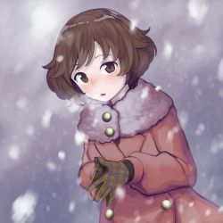 Rule 34 | 1girl, :o, akiyama yukari, artist request, blurry, blush, brown coat, brown eyes, brown hair, coat, commentary, fingernails, girls und panzer, gloves, hatomugi seika, highres, long fingernails, looking at viewer, messy hair, open mouth, orange gloves, outdoors, plaid gloves, short hair, snow, solo, standing, winter clothes