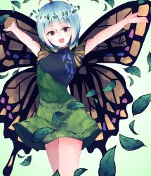 Rule 34 | 1girl, antennae, aqua hair, bad id, bad twitter id, blush, brown eyes, butterfly wings, darumoon, dress, eternity larva, fairy, green dress, hair between eyes, highres, insect wings, leaf, leaf on head, looking at viewer, multicolored clothes, multicolored dress, open mouth, short hair, short sleeves, single strap, solo, third-party source, touhou, upper body, wings