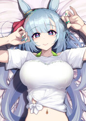 Rule 34 | 1girl, animal ears, asymmetrical bangs, bikini, bikini under clothes, blue hair, bow, braid, breasts, closed mouth, crown braid, ear ribbon, english text, eyeshadow, green bikini, green nails, halterneck, hands up, highres, horse ears, horse girl, large breasts, light blue hair, lips, long hair, looking at viewer, lying, makeup, mejiro ardan (umamusume), missile (55missile), navel piercing, on back, piercing, pillow, purple eyes, shirt, short sleeves, smile, solo, straight-on, swimsuit, tareme, taut clothes, taut shirt, tied shirt, umamusume, upper body, very long hair, wet, wet clothes, wet shirt, white shirt