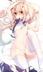 Rule 34 | 1girl, ayanami (azur lane), azur lane, bed sheet, blonde hair, blush, breasts, choker, cleft of venus, commentary request, fuuen (akagaminanoka), gradient hair, green hair, hair ornament, highres, long hair, looking at viewer, lying, medium breasts, mouth hold, multicolored hair, navel, on back, orange eyes, ponytail, pussy, sailor collar, solo, thighhighs, white thighhighs
