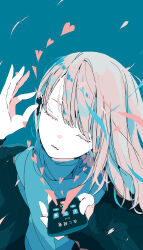 Rule 34 | 1girl, absurdres, black jacket, blue background, blue sweater, cellphone, cellphone photo, closed eyes, dot nose, earbuds, earphones, facing viewer, falling petals, grey hair, hand up, head tilt, heart, highres, holding, holding phone, jacket, listening to music, long bangs, long hair, nocopyrightgirl, open clothes, open hand, open jacket, original, pale skin, parted lips, petals, phone, sidelocks, simple background, smartphone, smile, solo, sweater, swept bangs, triangle, turtleneck, turtleneck sweater, upper body