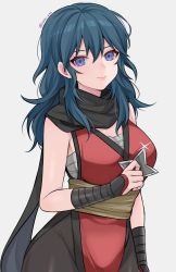 Rule 34 | 1girl, bandages, banned artist, bare shoulders, black pantyhose, black scarf, blue eyes, blue hair, breasts, byleth (female) (fire emblem), byleth (fire emblem), fire emblem, fire emblem: three houses, grey background, groin, highres, holding, holding shuriken, holding weapon, japanese clothes, kimono, large breasts, long hair, looking at viewer, nintendo, pantyhose, red kimono, sarashi, scarf, shimizu akina, shuriken, simple background, sleeveless, sleeveless kimono, smile, solo, upper body, weapon