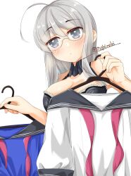 Rule 34 | ahoge, black bra, blue shirt, bra, breasts, clothes hanger, detached collar, glasses, grey eyes, grey hair, heywood l. edwards (kancolle), kantai collection, large breasts, long hair, looking at viewer, makinoki, shirt, simple background, twitter username, underwear, upper body, white background, white shirt