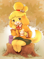 Rule 34 | 1girl, animal crossing, animal ears, blonde hair, blush, breasts, brown eyes, cup, dog ears, dog girl, dog tail, drink, female focus, full body, furry, furry female, grass, green skirt, hand to own mouth, hands up, happy, highres, holding, isabelle (animal crossing), jacket, long sleeves, looking at viewer, mug, nintendo, no humans, open mouth, outdoors, red ribbon, ribbon, setouchi kurage, shirt, short hair, sitting, skirt, small breasts, smile, solo, steam, tail, teeth, thermos, tree, tree stump, white shirt, yellow jacket