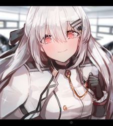 Rule 34 | 1girl, absurdres, black gloves, blush, breasts, commentary, girls&#039; frontline, gloves, hair between eyes, hair ornament, hair ribbon, hairclip, highres, iws 2000 (girls&#039; frontline), jacket, letterboxed, long hair, looking at viewer, military, military uniform, red eyes, ribbon, seorang, shirt, silver hair, small breasts, smile, solo, uniform, upper body, white jacket, white shirt