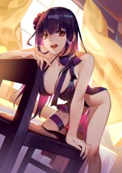 Rule 34 | 1girl, :d, ass, bare shoulders, barefoot, breasts, chair, choker, cleavage, covered erect nipples, curtains, fate/grand order, fate (series), flower, hair flower, hair ornament, kneeling, large breasts, lingerie, long hair, looking at viewer, open mouth, purple hair, red eyes, rekaerb maerd, scathach (fate), smile, solo, teeth, underwear, window