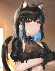 Rule 34 | 1girl, absurdres, ahoge, animal ear fluff, animal ears, black bow, black gloves, black hair, black ribbon, blue hair, blurry, blurry background, blush, bow, breasts, brown eyes, cat ears, cat tail, cleavage, closed mouth, commentary, cross, cross earrings, crossed arms, depth of field, detached sleeves, earrings, english commentary, extra ears, gloves, hair bow, highres, indoors, irene (kanniiepan), jewelry, kanniiepan, looking at viewer, medium breasts, mole, mole under eye, multicolored hair, notice lines, original, ribbon, short sleeves, solo, tail, tail ornament, tail raised, tail ribbon, upper body, window