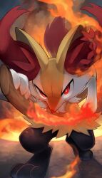 Rule 34 | absurdres, animal ear fluff, battoujutsu stance, bent over, black fur, body fur, braixen, creatures (company), fighting stance, fire, fox, full body, furry, game freak, gen 6 pokemon, highres, holding, holding stick, iaidou, incoming attack, looking at viewer, nintendo, nullma, pokemon, pokemon (creature), ready to draw, red eyes, solo, stick, white fur, yellow fur