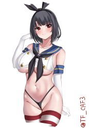 Rule 34 | 1girl, alternate costume, blush, breasts, buttons, commentary request, cosplay, cowboy shot, crop top, double-breasted, elbow gloves, gloves, highres, kantai collection, large breasts, micro panties, one-hour drawing challenge, panties, partially visible vulva, red eyes, shimakaze (kancolle), shimakaze (kancolle) (cosplay), short hair, solo, striped clothes, striped thighhighs, takao (kancolle), tf cafe, thighhighs, thong, twitter username, underboob, underwear, white gloves