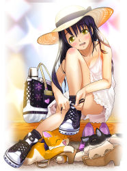 Rule 34 | 1girl, bad id, bad pixiv id, bag, bare shoulders, blush, breasts, cat, cleavage, dress, hat, high heels, kanipanda, long hair, medium breasts, open mouth, original, purple hair, shoelaces, shoes, sitting, sneakers, solo, straw hat, sundress, tying, yellow eyes