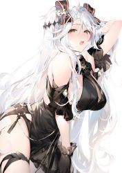 Rule 34 | 1girl, antenna hair, arm behind head, arm up, azur lane, bare shoulders, black dress, black gloves, blush, bow, breasts, dress, gloves, hair bow, highres, large breasts, long hair, looking at viewer, mole, mole on breast, multicolored hair, no panties, open mouth, prinz eugen (azur lane), prinz eugen (cordial cornflower) (azur lane), sideboob, silver hair, simple background, solo, streaked hair, thighs, two side up, umibouzu (niito), white background, yellow eyes