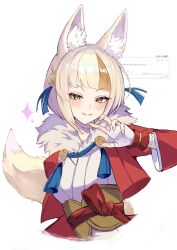 Rule 34 | 1girl, animal ear fluff, animal ears, blonde hair, blunt bangs, brown hair, claw pose, fingerless gloves, fire emblem, fire emblem fates, fox ears, fox girl, fox tail, gloves, highres, jacket, japanese clothes, kimono, long sleeves, looking at viewer, multicolored hair, nintendo, open clothes, open jacket, osiri siri siri, red jacket, selkie (fire emblem), smile, solo, streaked hair, tail, two-tone hair, upper body, white background, white gloves, yellow eyes