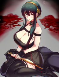 Rule 34 | 1girl, black dress, black hair, blood, bloody weapon, breasts, cleavage cutout, clothing cutout, dagger, dress, earrings, flower, gold earrings, gold hairband, great pyrenees, hair flower, hair ornament, hairband, highres, holding, holding dagger, holding knife, holding weapon, jewelry, knife, large breasts, negresco, rose, short hair with long locks, solo, spy x family, two-sided dress, two-sided fabric, weapon, yor briar