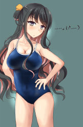 Rule 34 | 1girl, :t, alternate costume, alternate eye color, black hair, blue one-piece swimsuit, blush, bow, breasts, collarbone, competition school swimsuit, competition swimsuit, covered navel, gradient background, green background, grey eyes, hair between eyes, hair bow, hand on own hip, highres, kantai collection, large breasts, long hair, minase (takaoka nanase), multicolored hair, naganami (kancolle), one-piece swimsuit, pink hair, school swimsuit, solo, swimsuit, two-tone hair, wavy hair, yellow bow