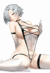 Rule 34 | 1girl, absurdres, bare shoulders, black choker, breasts, choker, cleavage cutout, closed mouth, clothing cutout, covered navel, elbow gloves, gloves, grey hair, hair ornament, head tilt, highres, one-piece swimsuit, original, parted bangs, pixel (yuxian), red eyes, see-through, short hair, sideboob, simple background, sitting, smile, solo, swimsuit, swimsuit tug, thighhighs, thighs, wariza, white background, white gloves, white one-piece swimsuit, white thighhighs, x hair ornament