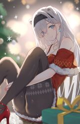 1girl alternate_costume animal_ears arknights aurora_(arknights) bear_ears bear_girl black_hairband black_pantyhose blue_eyes breasts christmas christmas_tree cleavage closed_mouth commentary_request dress earrings extra_ears hair_over_one_eye hairband highres indoors jewelry knees_up kozeni_isari long_hair looking_at_viewer necklace pantyhose red_dress red_footwear santa_dress smile solo white_hair