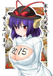 Rule 34 | 1girl, alternate costume, body writing, bow, breast lift, breasts, cleavage, cleavage cutout, clothing cutout, crossed arms, gonzaburo, happy new year, hat, hat bow, highres, horns, large breasts, long sleeves, meme attire, nagae iku, new year, open-chest sweater, purple hair, red eyes, ribbed sweater, sheep horns, smile, solo, sweater, touhou, turtleneck