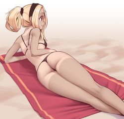 Rule 34 | 1girl, arm support, ass, beach towel, bikini, black bikini, black hairband, blonde hair, blush, breasts, commentary, dark-skinned female, dark skin, english commentary, feet out of frame, gravity daze, hairband, highres, kitten (gravity daze), kneepits, legs, legs together, looking to the side, lying, medium breasts, medium hair, nickleflick, o-ring, o-ring bikini, o-ring top, on side, ponytail, red eyes, red towel, revision, sand, sidelocks, solo, swimsuit, tan, tanline, thong bikini, towel