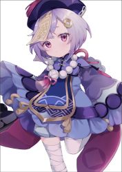 Rule 34 | 1girl, bandaged leg, bandages, blue dress, braid, closed mouth, commentary request, cropped jacket, dress, genshin impact, hair ornament, hat, jacket, long hair, long sleeves, looking at viewer, ofuda, okiq, purple hair, purple hat, purple jacket, qingdai guanmao, qiqi (genshin impact), red eyes, simple background, single braid, sleeves past fingers, sleeves past wrists, solo, standing, standing on one leg, thighhighs, very long hair, white background, white thighhighs, wide sleeves