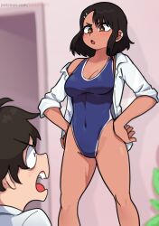 Rule 34 | 1boy, 1girl, absurdres, alternate hair length, alternate hairstyle, black hair, blue one-piece swimsuit, blush, breasts, brown eyes, brown hair, cleavage, covered navel, dashi (dashiart), earclip, hachiouji naoto, hair ornament, hairclip, hands on own hips, highres, ijiranaide nagatoro-san, looking at another, medium breasts, nagatoro hayase, one-piece swimsuit, open mouth, patreon username, school swimsuit, shirt, short hair, sleeves rolled up, standing, swimsuit, unbuttoned, white shirt