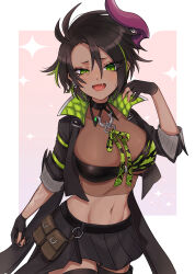 Rule 34 | 1girl, aragami oga, arm tattoo, bandeau, belt, belt pouch, black belt, black choker, black footwear, black gloves, black hair, black jacket, black skirt, boots, breasts, brown shirt, choker, cropped jacket, dark skin, earrings, fang, genderswap, genderswap (mtf), gloves, green eyes, green hair, green jacket, hair between eyes, highres, holostars, horns, jacket, jewelry, large breasts, looking at viewer, midriff, miniskirt, multicolored hair, navel, onion (kionlin322), open clothes, open jacket, partially fingerless gloves, pleated skirt, pouch, purple horns, red pupils, revealing clothes, ringed eyes, scowl, see-through, shirt, short hair, simple background, single horn, skirt, solo, tattoo, thigh boots, thighhighs, virtual youtuber, white background, zettai ryouiki