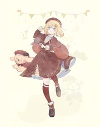 Rule 34 | 1girl, absurdres, alternate costume, beret, blonde hair, blue eyes, blush, brown dress, brown hat, bubba (watson amelia), capelet, dog, dress, fuzi (fuzi3205), hat, highres, holding, holding magnifying glass, hololive, hololive english, kneehighs, looking at viewer, magnifying glass, monocle, smile, smol ame, socks, solo, sparkle, virtual youtuber, walfie (style), watson amelia