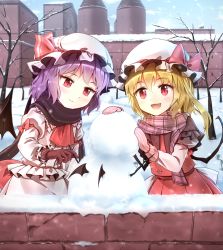 Rule 34 | 2girls, :d, ascot, bare tree, bat wings, black gloves, black scarf, blonde hair, blue sky, blush, building, buttons, clock, crystal, day, demon wings, fangs, flandre scarlet, frilled shirt collar, frills, gloves, grey skirt, hat, hat ornament, hat ribbon, juliet sleeves, long sleeves, mansion, minust, mittens, mob cap, multiple girls, open mouth, outdoors, pink gloves, puffy sleeves, purple hair, red ascot, red eyes, red ribbon, red skirt, red vest, remilia scarlet, ribbon, scarf, shirt, short hair, siblings, sisters, skirt, sky, smile, snow, snowing, snowman, teeth, touhou, tree, tsurime, vest, wall, white headwear, white shirt, wings