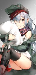 Rule 34 | 1girl, ;o, black scarf, brown eyes, flat cap, g11 (girls&#039; frontline), girls&#039; frontline, grey hair, hair between eyes, hat, highres, holding, holding pillow, jacket, knee pads, long hair, marmoset (marmoset0), hugging object, one eye closed, open clothes, open jacket, pillow, scarf, sitting, solo, tank top, thighs