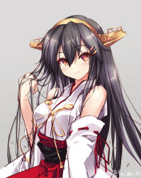 Rule 34 | 1girl, bad id, bad pixiv id, bare shoulders, black hair, breasts, brown eyes, clenched hand, detached sleeves, fujisaki rei, grey background, hair ornament, hairclip, hand in own hair, haruna (kancolle), headgear, highres, kantai collection, large breasts, long hair, looking at viewer, nontraditional miko, red skirt, simple background, skirt, smile, solo, upper body