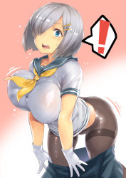 Rule 34 | !, 10s, 1girl, absurdres, black pantyhose, blue eyes, breasts, clothes pull, gloves, hair ornament, hair over one eye, hairclip, hamakaze (kancolle), highres, kantai collection, large breasts, leaning forward, looking at viewer, neckerchief, open mouth, pantyhose, pokkora, school uniform, serafuku, short hair, short sleeves, silver hair, skirt, skirt pull, solo, spoken exclamation mark, surprised, sweat, thighband pantyhose, unaligned breasts, undressing, white gloves, yellow neckerchief