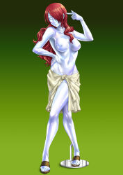 1girl albyee collarbone commission full_body green_background hand_on_own_hip kirijou_mitsuru long_hair mannequin navel persona persona_3 petrification pointing pointing_at_self red_hair sandals solo standing swimsuit topless