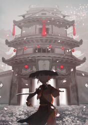 Rule 34 | 1boy, architecture, artist name, asymmetrical sleeves, black scarf, brown hat, building, commentary request, east asian architecture, facing away, falling petals, from behind, genshin impact, haori, hat, highres, holding, holding sword, holding weapon, japanese clothes, kaedehara kazuha, katana, kimono, lantern, long sleeves, low ponytail, male focus, medium hair, mismatched sleeves, multicolored hair, outdoors, pagoda, paper lantern, petals, ponytail, red hair, red scarf, sandogasa, scarf, short sleeves, solo, someaka, standing, streaked hair, sword, tassel, vision (genshin impact), weapon, white hair, wide sleeves