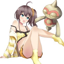 Rule 34 | 1girl, ahoge, baltoy, bare shoulders, blue eyes, blush, brown hair, brown scrunchie, camisole, collarbone, creatures (company), crossover, frilled camisole, frills, game freak, gen 3 pokemon, hair ornament, hair scrunchie, highres, hololive, jacket, knees up, konkito, long sleeves, midriff, natsuiro matsuri, natsuiro matsuri (matsuri&#039;s day off), nintendo, no shoes, off shoulder, one side up, open clothes, open jacket, open mouth, orange shorts, pokemon, pokemon (creature), scrunchie, short shorts, shorts, simple background, sleeves past wrists, socks, strap slip, striped clothes, striped jacket, teeth, upper teeth only, virtual youtuber, white background, yellow camisole, yellow legwear