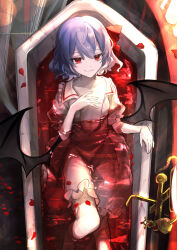 Rule 34 | 1girl, absurdres, bat wings, bath, bath of blood, bathing, bathroom, bathtub, blood, blue hair, bow, breasts, closed mouth, collarbone, colored eyelashes, commentary request, fang, feet out of frame, frilled shirt collar, frilled skirt, frills, from above, hair between eyes, hair bow, hand on own chest, hand up, highres, indoors, looking at viewer, lying, making-of available, no bra, no headwear, on back, open clothes, open shirt, pink shirt, pink skirt, red bow, red eyes, remilia scarlet, rokuya (68 zusao), shirt, short hair, sidelighting, signature, skin fang, skirt, slit pupils, small breasts, smile, solo, touhou, vampire, wings