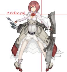Rule 34 | 1girl, absurdres, aircraft, airplane, ark royal (kancolle), biplane, blue eyes, blunt bangs, bob cut, cannon, cleavage cutout, clothing cutout, commentary request, composite bow, corset, fairey swordfish, fingerless gloves, flight deck, full body, gloves, hair between eyes, hairband, highres, hull shoes, jacket, kantai collection, long sleeves, looking at viewer, machinery, overskirt, pantyhose, platform footwear, quiver, red hair, red ribbon, ribbon, shoes, short hair, shorts, smile, solo, tiara, tsurime, turret, white corset, white pantyhose, white shorts, yuubokumin