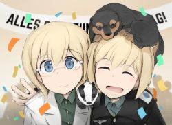 Rule 34 | 2girls, arm around shoulder, badger, banner, birthday, blonde hair, blue eyes, confetti, dachshund, dog, erica hartmann, futenesira, german text, glasses, happy birthday, lab coat, looking at viewer, multiple girls, on head, shiraba (sonomama futene), short hair, siblings, sisters, smile, strike witches, strike witches: suomus misfits squadron, translated, twins, uniform, ursula hartmann, world witches series